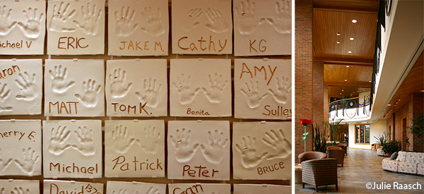hand prints in tiles and a two-story entry