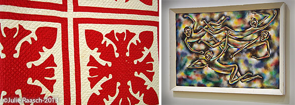 Red and white quilt and a painting of abstract colored bodies floating